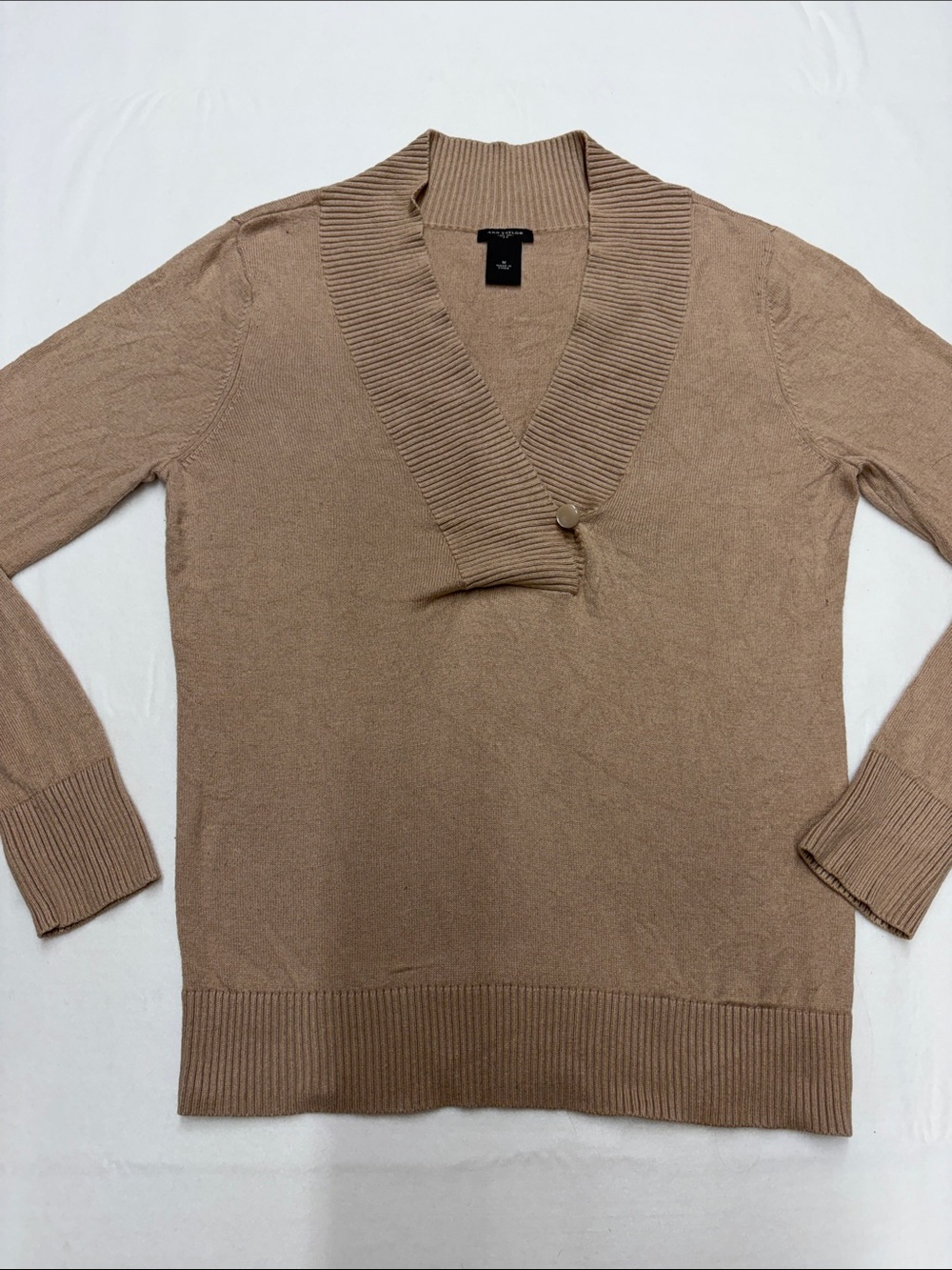 Ann Taylor Tan Shawl-Collar V-Neck Button Sweater